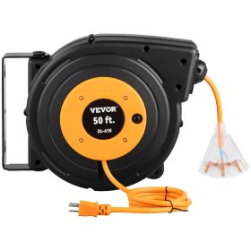 VEVOR Retractable Extension Reel, 50 FT Heavy Duty 14AWG/3C SJTOW Power Cord with Lighted Triple Tap Outlet, 13 Amp Circuit Breaker