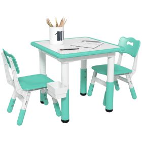 Qaba 3 Pieces Kids Table and Chairs, Height Adjustable Toddler Table and Chair Set with Storage, Easy to Wipe, Activity Table 2 Chairs for Classroom