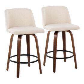 Toriano Mid-Century Modern Fixed-Height Counter Stool in Walnut Wood with Round Black Footrest and Cream Noise Fabric by LumiSource - Set of 2