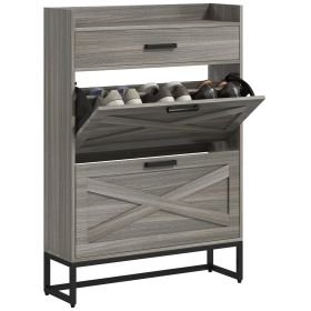 HOMCOM Narrow Shoe Cabinet, Industrial Shoe Storage Cabinet with 2 Flip Drawers, Adjustable Shelves, and Top Drawer