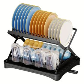 2-layer bowl and dish drying rack with bowl, cup, and basin holder, foldable bowl and dish drain rack, suitable for kitchen countertops