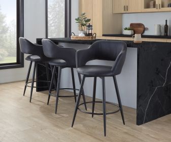 Margarite 26" Contemporary Fixed-Height Counter Stool with Swivel in Matte Black Metal and Black Faux Leather with Round Black Metal Footrest by LumiS